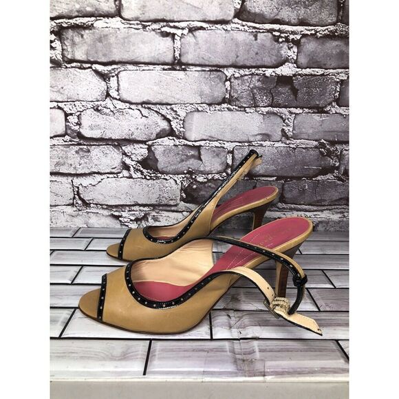 Kate Spade Camel Brown Black Patent Leather  Peep Toe Stiletto Heels Women Sz 8B - Picture 6 of 16
